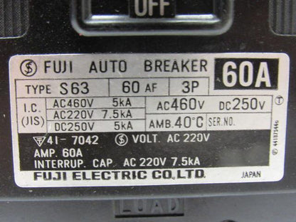 Fuji S63 60A 3 Pole Circuit Breaker