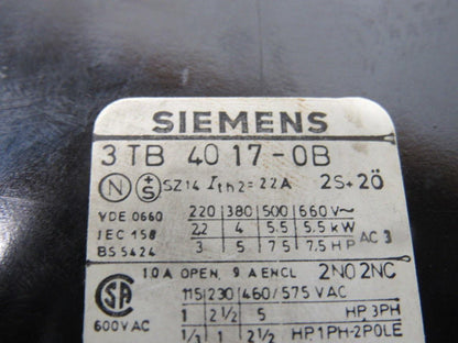Siemens 3TB4017-0B Contactor 24VDC Coil