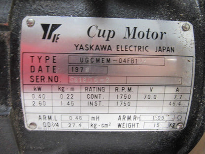 Yaskawa UGCMEM-04FB10F Servo Cup Motor W/Feed Back From a Yamazen CNC Mill W/