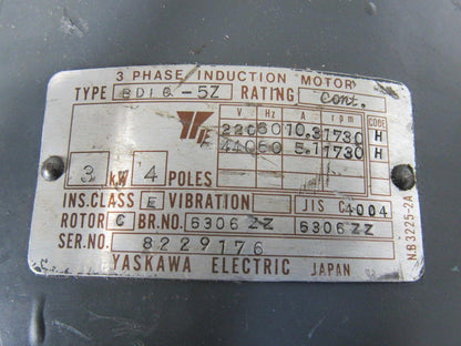 Yaskawa BDLO-5Z 3KW Electric motor From a Yamazen CNC Millmaster AN-S