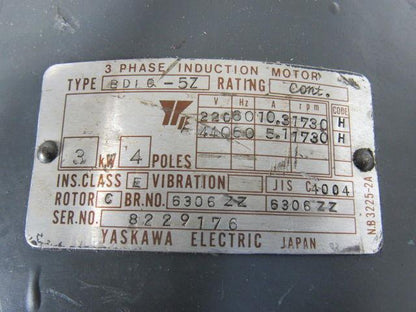 Yaskawa BDLO-5Z 3KW Electric motor From a Yamazen CNC Millmaster AN-S
