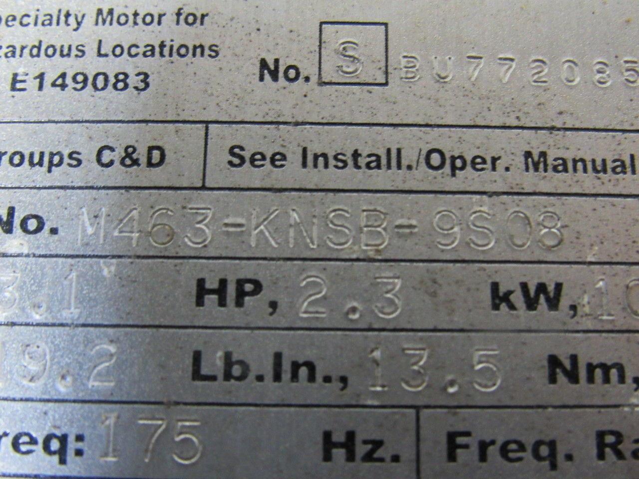Elwood Gettys M463-KNSB-9S08 AC Servo Motor Haz. Location 2.3Hp 3500RPM