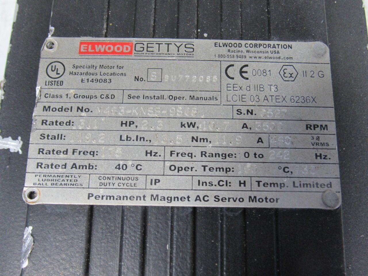 Elwood Gettys M463-KNSB-9S08 AC Servo Motor Haz. Location 2.3Hp 3500RPM