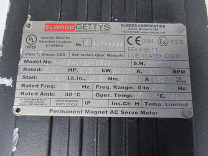 Elwood Gettys M463-KNSB-9S08 AC Servo Motor Haz. Location 2.3Hp 3500RPM