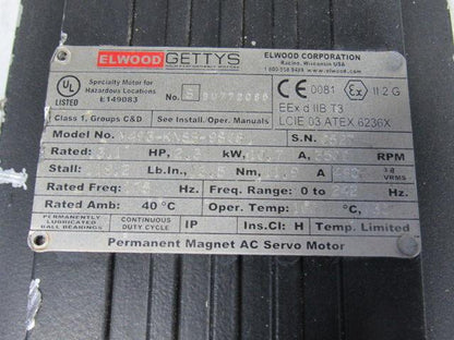 Elwood Gettys M463-KNSB-9S08 AC Servo Motor Haz. Location 2.3Hp 3500RPM