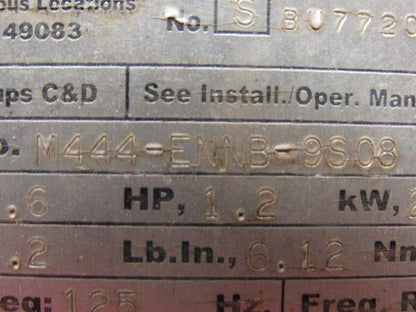 Elwood Gettys M444-ENNB-9S08 AC Servo Motor Haz. Location 1.2Hp 2500RPM