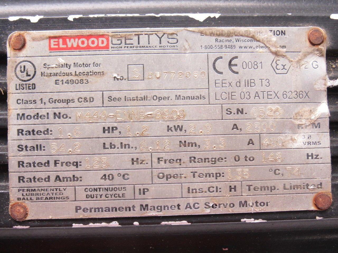 Elwood Gettys M444-ENNB-9S08 AC Servo Motor Haz. Location 1.2Hp 2500RPM