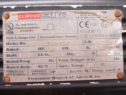 Elwood Gettys M444-ENNB-9S08 AC Servo Motor Haz. Location 1.2Hp 2500RPM