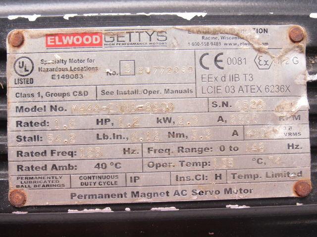 Elwood Gettys M444-ENNB-9S08 AC Servo Motor Haz. Location 1.2Hp 2500RPM