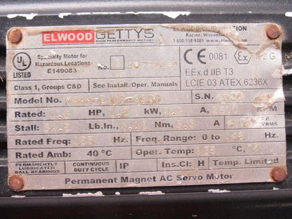 Elwood Gettys M444-ENNB-9S08 AC Servo Motor Haz. Location 1.2Hp 2500RPM