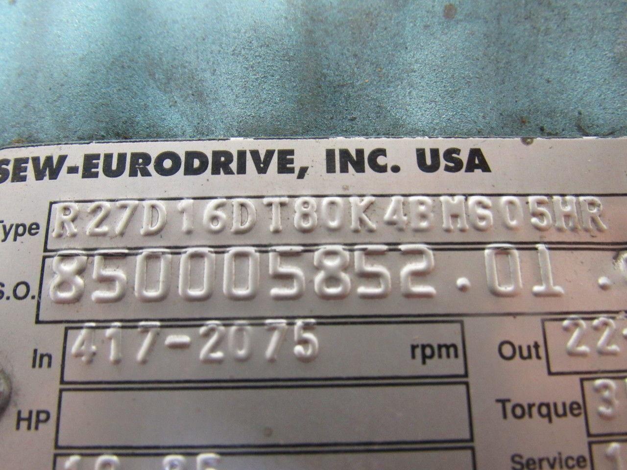 Sew R27D16DT80K4BMG05HR 19.35:1 Ratio 22-107RPM Out 230/460V Inline Gear Motor