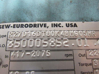 Sew R27D16DT80K4BMG05HR 19.35:1 Ratio 22-107RPM Out 230/460V Inline Gear Motor