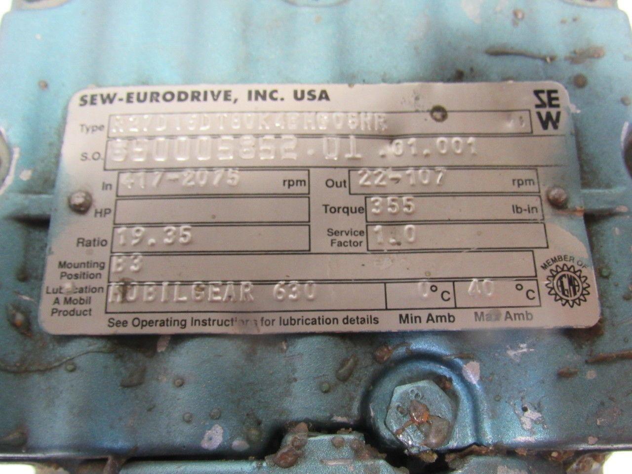 Sew R27D16DT80K4BMG05HR 19.35:1 Ratio 22-107RPM Out 230/460V Inline Gear Motor
