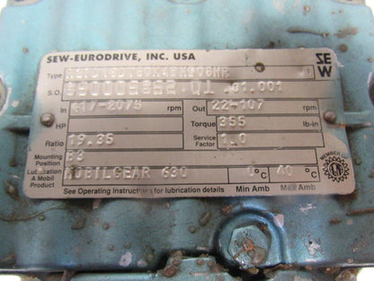 Sew R27D16DT80K4BMG05HR 19.35:1 Ratio 22-107RPM Out 230/460V Inline Gear Motor