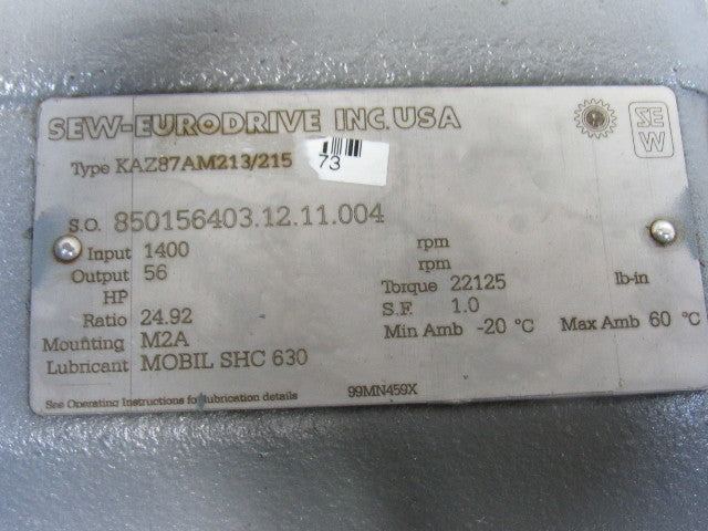 Sew KAZ87AM213/215 24.92 Ratio 1400RPM 56RPM 2-3/8" Output Thru Shaft Gearbox