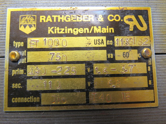 Rathgeber ET-1000 750Va Transformer 490/225V Primary 110V Secondary 60Hz