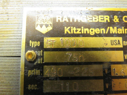 Rathgeber ET-1000 750Va Transformer 490/225V Primary 110V Secondary 60Hz