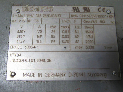 Siemens 1PH7 186-2EF050AJ0 Servo Motor 330/385/445V 5000RPM Max. KTY84 Encoder