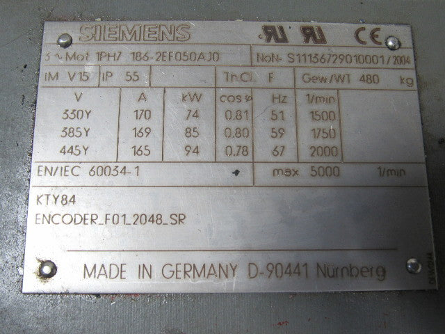 Siemens 1PH7 186-2EF050AJ0 Servo Motor 330/385/445V 5000RPM Max. KTY84 Encoder