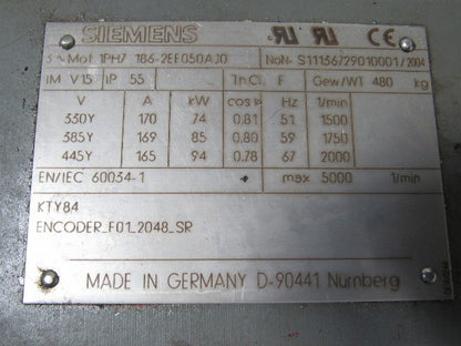 Siemens 1PH7 186-2EF050AJ0 Servo Motor 330/385/445V 5000RPM Max. KTY84 Encoder