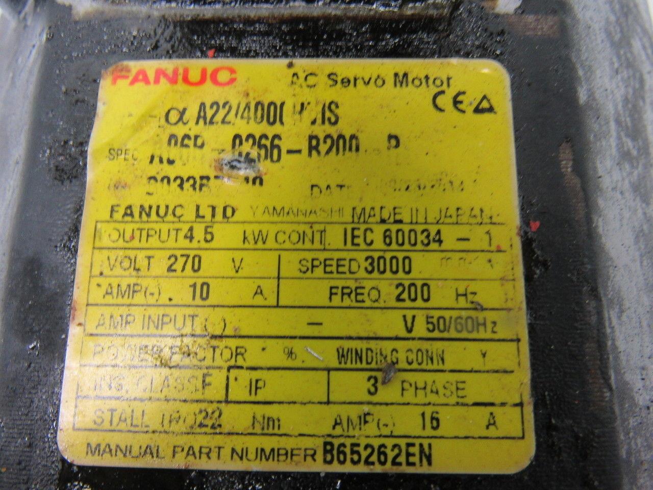 Fanuc A06B-0266-B200 AC Servo Motor 3000RPM 400-480V 4.5KW