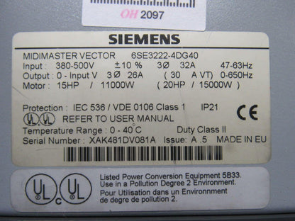 Siemens 6SE3222-4DG40 Midimaster Vector Drive Input 380/500V Motor 15 -20Hp