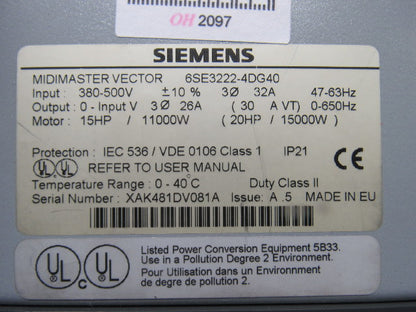 Siemens 6SE3222-4DG40 Midimaster Vector Drive Input 380/500V Motor 15 -20Hp