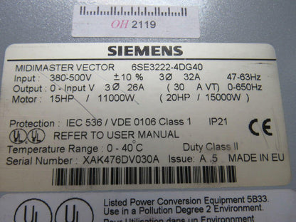 Siemens 6SE3222-4DG40 Midimaster Vector Drive Input 380/500V Motor 15 -20Hp