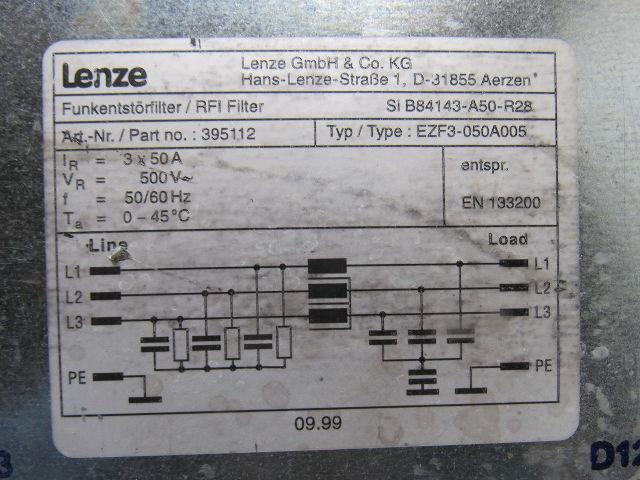 Lenze EZF3-050A005 RFI Line Filter 500V 3x50A 50/60Hz