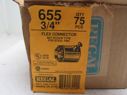 Regal 655 3/4" Flex Connector Set Screw Type For Steel FMC Lot of 75