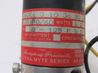 Humphrey T062E1 3 10 36 80 JB Solenoid Valve 0-125PSI 120V 50/60Hz 1/4" NPT