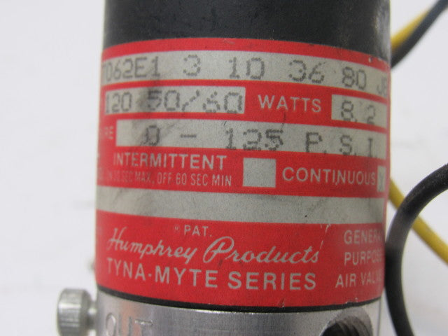 Humphrey T062E1 3 10 36 80 JB Solenoid Valve 0-125PSI 120V 50/60Hz 1/4" NPT