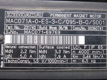 Indramat MAC071A-0-ES-3-C/095-B-0/S001 4000 RPM Servo Motor W/ Tachofeedback