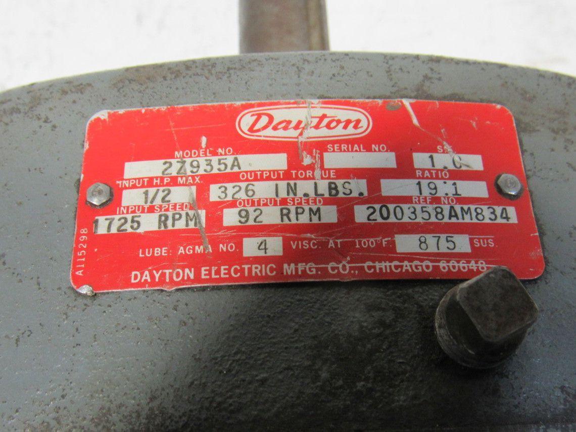 Dayton 2Z935A 19:1 Ratio 1725RPM 1/2Hp Input 92RPM Output Inline Gear Reducer