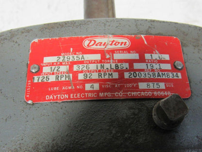 Dayton 2Z935A 19:1 Ratio 1725RPM 1/2Hp Input 92RPM Output Inline Gear Reducer