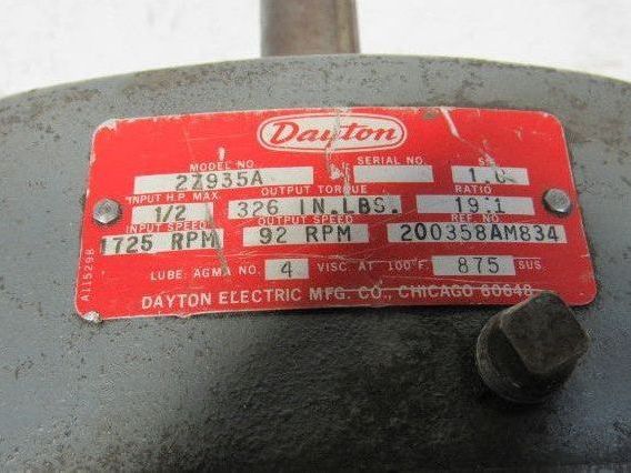 Dayton 2Z935A 19:1 Ratio 1725RPM 1/2Hp Input 92RPM Output Inline Gear Reducer