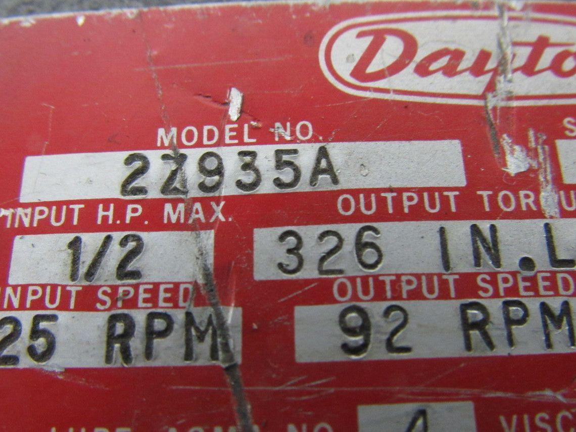 Dayton 2Z935A 19:1 Ratio 1725RPM 1/2Hp Input 92RPM Output Inline Gear Reducer