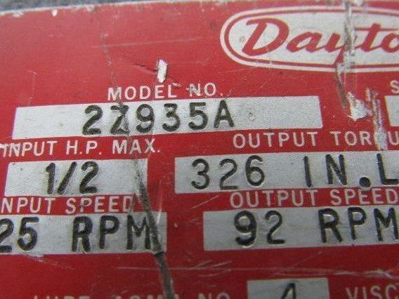 Dayton 2Z935A 19:1 Ratio 1725RPM 1/2Hp Input 92RPM Output Inline Gear Reducer