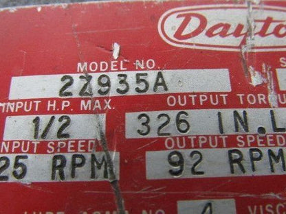 Dayton 2Z935A 19:1 Ratio 1725RPM 1/2Hp Input 92RPM Output Inline Gear Reducer