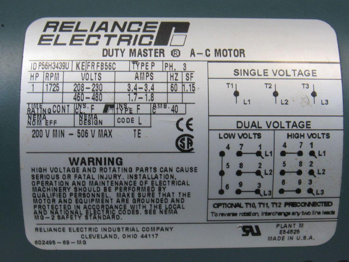 Reliance P56H3439U 5:1 Ratio 208-230/460V 1Hp 3Ph RH Output Gear Motor W/ Brake