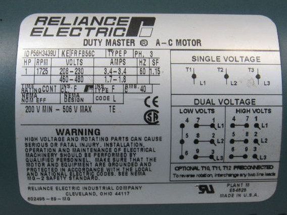 Reliance P56H3439U 5:1 Ratio 208-230/460V 1Hp 3Ph RH Output Gear Motor W/ Brake