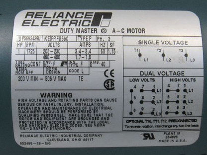 Reliance P56H3439U 5:1 Ratio 208-230/460V 1Hp 3Ph RH Output Gear Motor W/ Brake