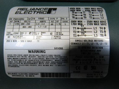 Reliance P56H3439U 5:1 Ratio 1Hp 3Ph 208-230/460-480V 60Hz Gear Motor W/Brake