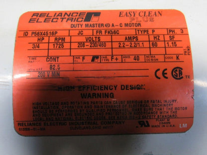 Reliance P56X4516P 7.5:1 Ratio 3/4Hp 208-230/460V LH Output Gear Motor