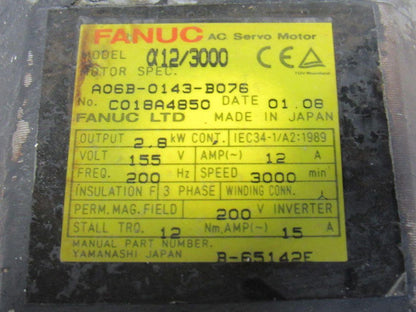 Fanuc A06B-0143-B076 IEC34-1/A2 2.8kW 3000RPM 155V 200Hz AC Servo Motor A12/3000