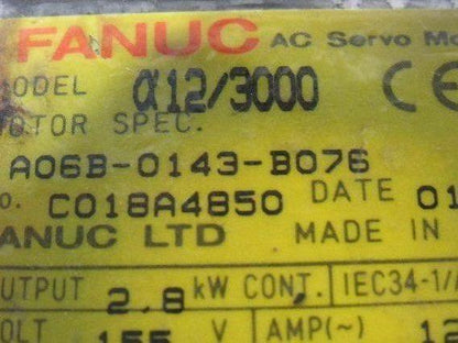 Fanuc A06B-0143-B076 IEC34-1/A2 2.8kW 3000RPM 155V 200Hz AC Servo Motor A12/3000