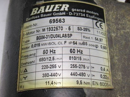 Danfoss Bauer BG04-31/DU04LA8/SP 0,015kW 810RPM 255-480V  50/60Hz Geared Motor