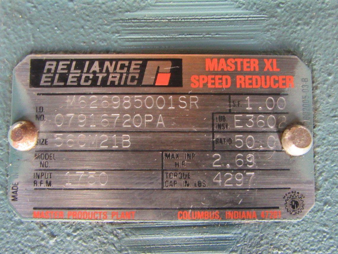 Reliance 56CM21B M626985001SR 1HP Gear Motor Box Drive w/ Brake 50:1 Ratio