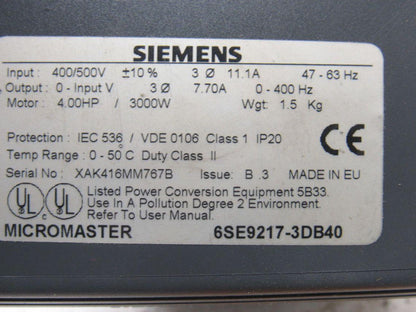 Siemens 6SE9217-3DB40 Drive 4Hp 400-500V Input 0-Input V Output 0-400 Hz Output