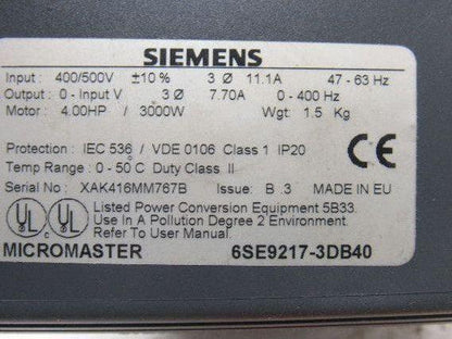 Siemens 6SE9217-3DB40 Drive 4Hp 400-500V Input 0-Input V Output 0-400 Hz Output